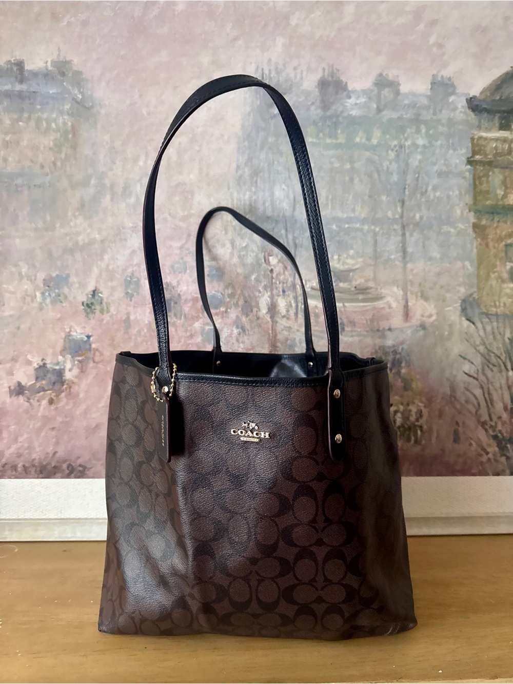 Coach Brown & Black Signature Monogram Vinyl Tote Bag - Reversible - Picture 1 of 7